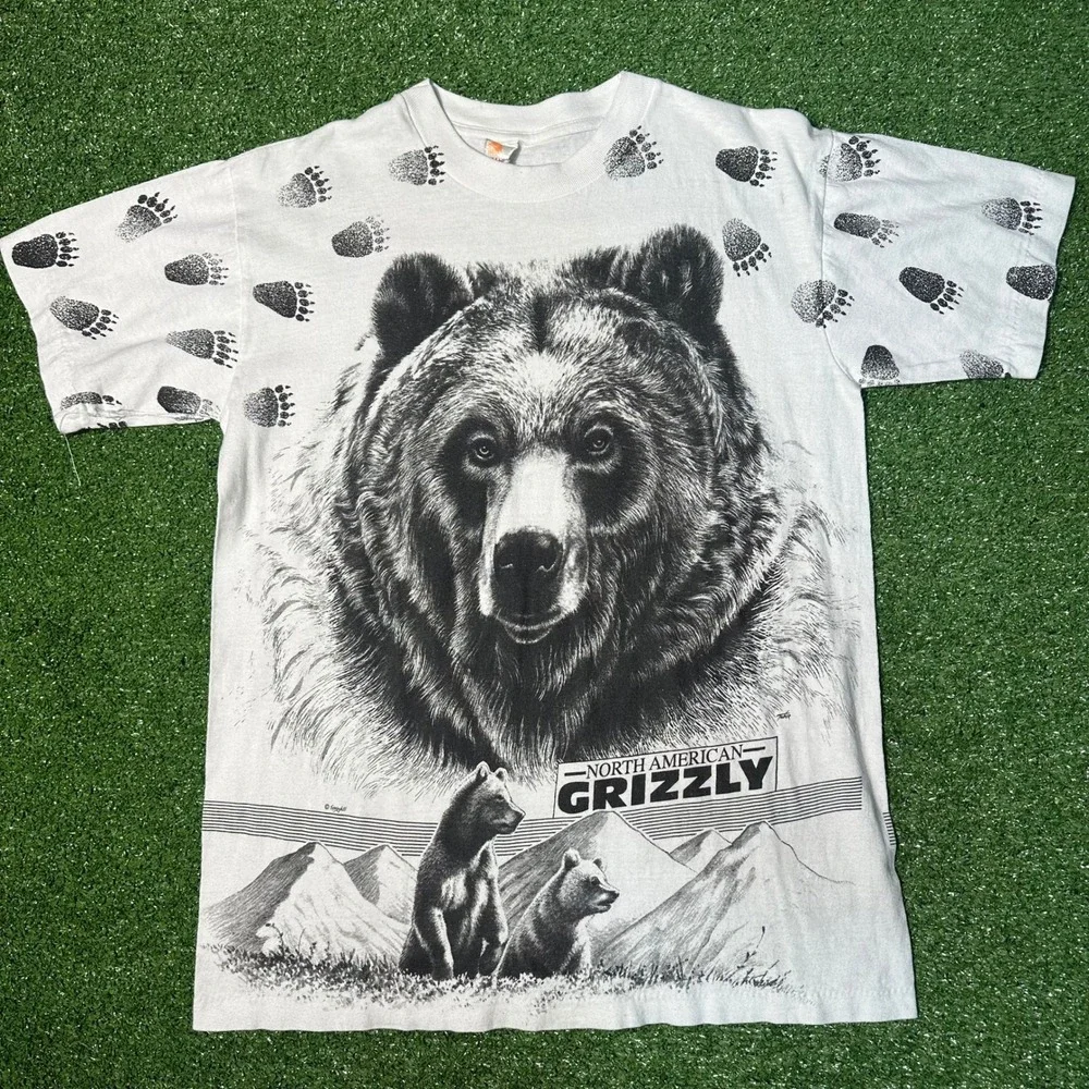 Vintage 90s AOP Bear North American Grizzly Bear‎ T-Shirt Single Stitch Large
